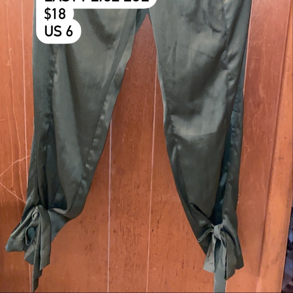 Green olive satin tie ankle cuff pants bow boohoo